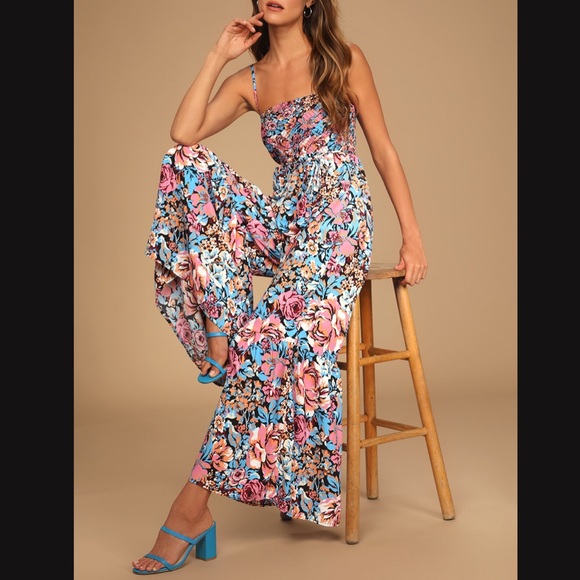 Lulu’s Escape to the Islands Multi Floral Smocked Sleeveless Jumpsuit - Picture 2 of 5